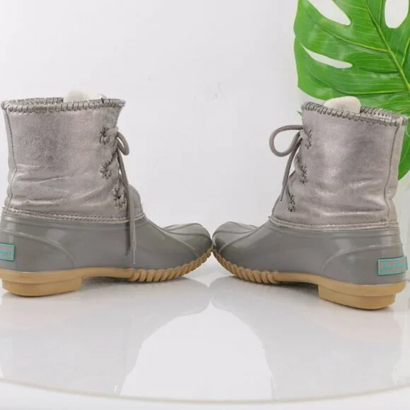 Jack Rogers Womens Hayley Duck Boot Size 8 Gray Silver Lace-Up Rubber Leather - Picture 8 of 12